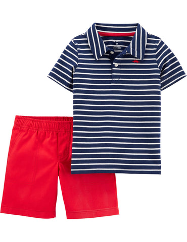 Striped slub polo and canvas shorts- Striped slub polo and canvas shorts-
