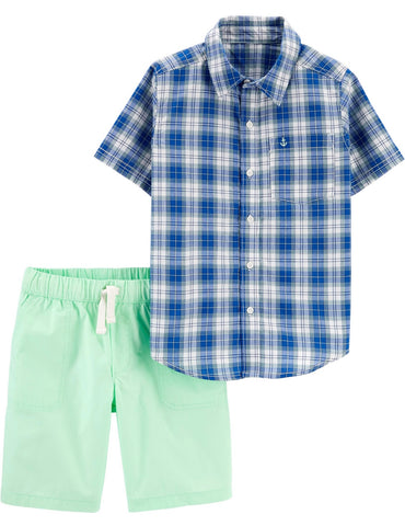 Button up plaid with Green shorts Button up plaid with Green shorts