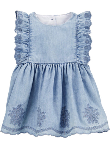 Embroided Chambray dress front Embroided Chambray dress front