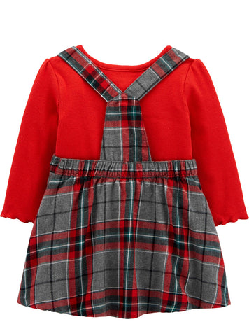 Red Long Sleeve with Plaid Overalls Red Long Sleeve with Plaid Overalls
