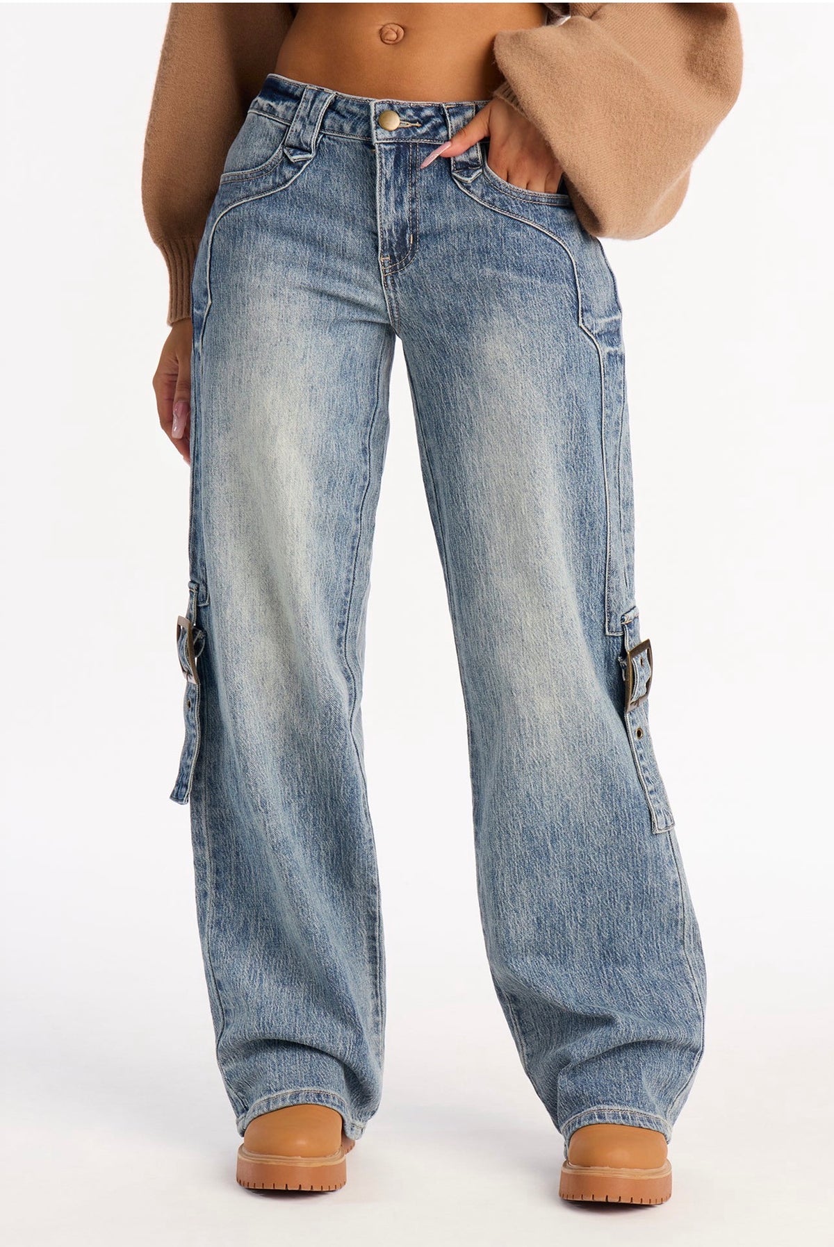 Dusty Trail Wide-Leg Buckle Cargo Jeans