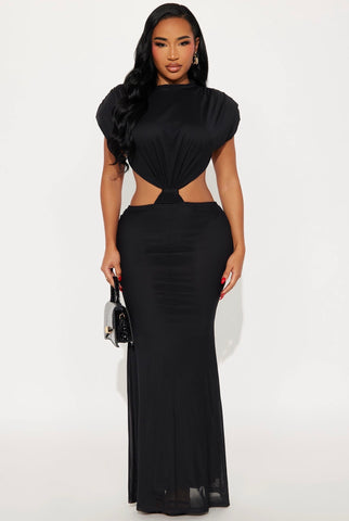 Cascade Mesh Backless Maxi Dress
