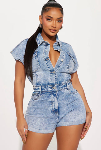 Cloud Nine Acid-Wash Button-Up Denim Romper