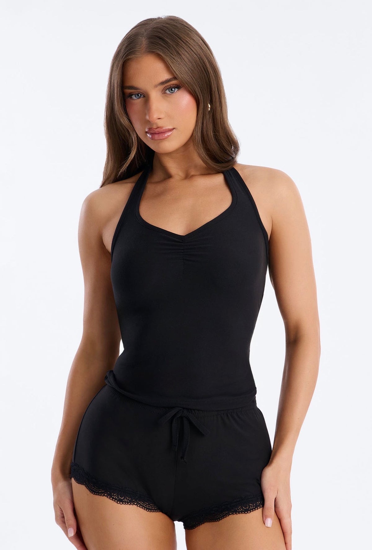 Noir Whisper Halter Cami & Lace-Trim Short Set
