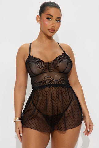 Black Lace Heart-Dot Mesh Babydoll