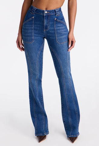 Midnight Stitch Patch-Pocket Flare Jeans