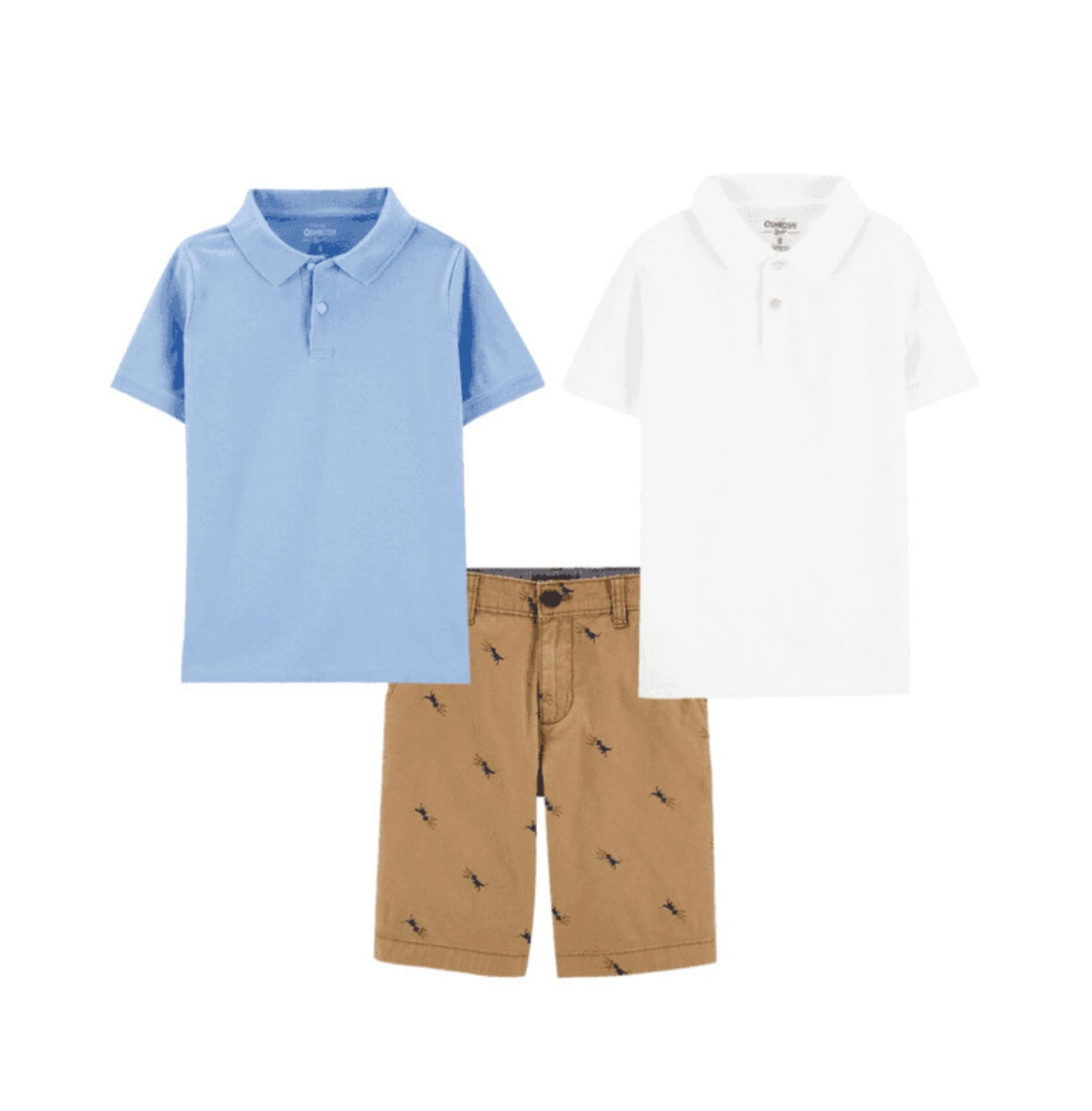 Khaki Dino Shorts and Polo Tees