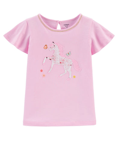 Pink tee with sequined unicorn