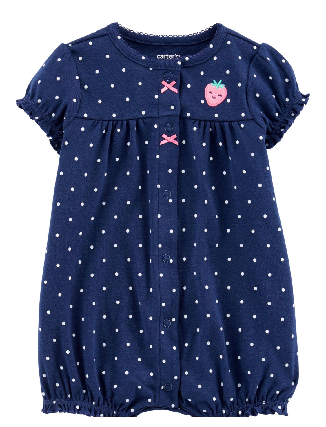 Blue polka dot strawberry romper