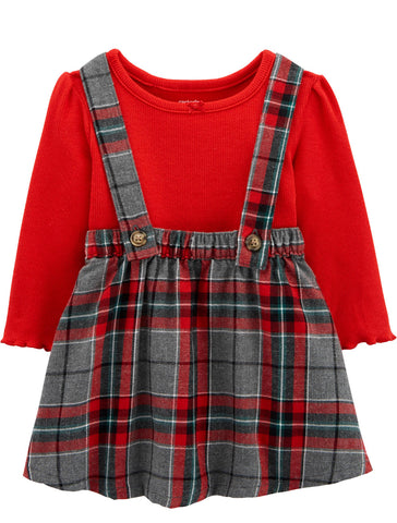 Red Long Sleeve with Plaid Overalls