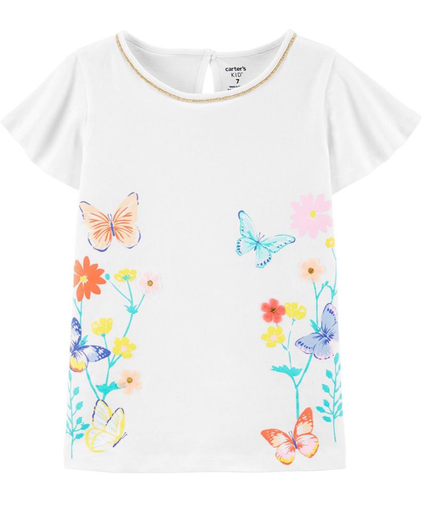 White Tee with flowers and butterflies graphics