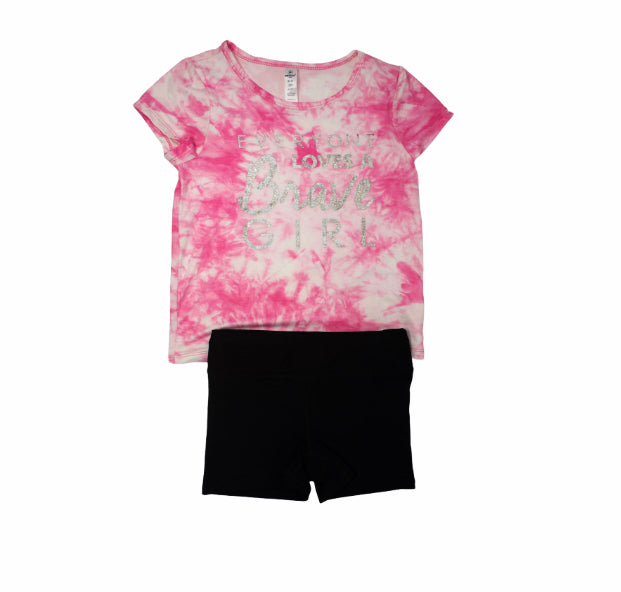 Pink tie-dye shirt with black shorts