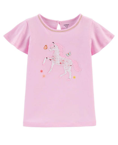 Pink tee with sequined unicorn