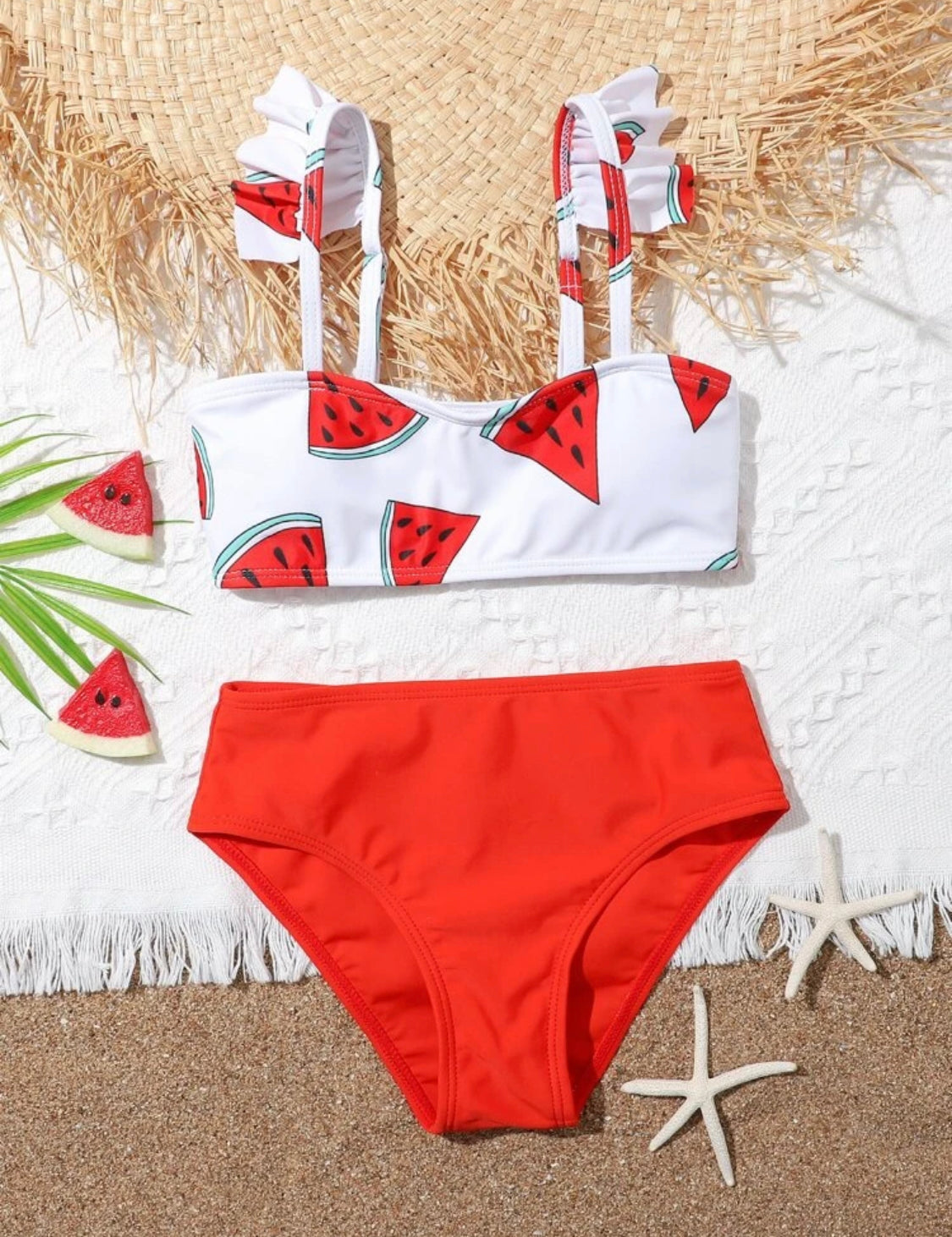 Watermelon Print Ruffle Trim Bikini Swimsuit