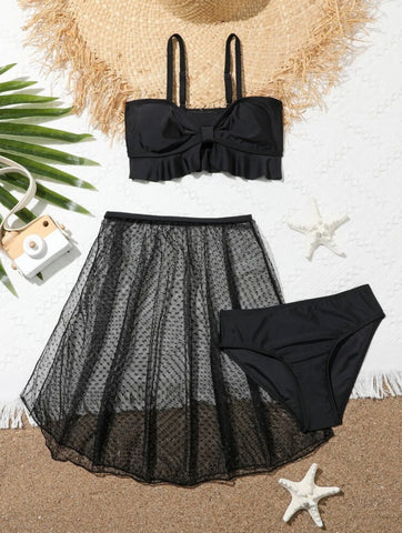 3 piece Solid Ruffle Hem Bikini Swimsuit & Beach Skirt