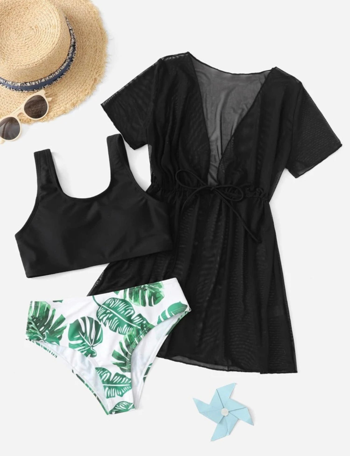 Plant Print Bikini Swimsuit With Cover Up