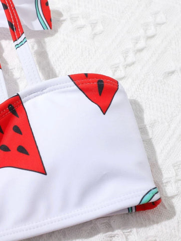 Watermelon Print Ruffle Trim Bikini Swimsuit